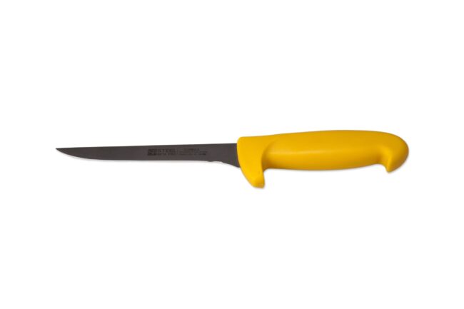 Cuchilo deshuesador 13cm Steal beta pro, con empuñadura amarilla, fondo blanco