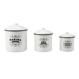 Juego de 3 Botes Vintage de Cocina – Acero Esmaltado para Harina, Sal y Pimienta | Estilo Retro Hipster para Hogar, Camping o Furgoneta Camper