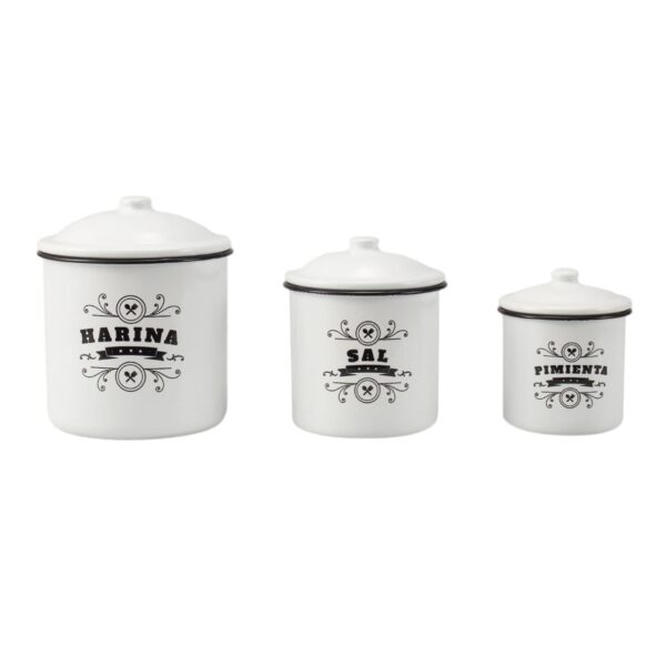 Juego de 3 Botes Vintage de Cocina – Acero Esmaltado para Harina, Sal y Pimienta | Estilo Retro Hipster para Hogar, Camping o Furgoneta Camper