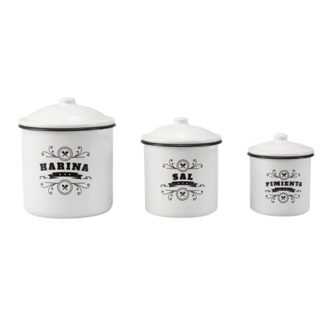 Juego de 3 Botes Vintage de Cocina – Acero Esmaltado para Harina, Sal y Pimienta | Estilo Retro Hipster para Hogar, Camping o Furgoneta Camper 1 bote esmaltado harina sal pimienta