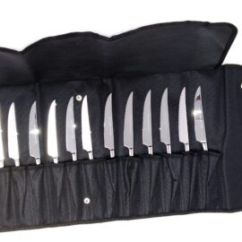 Set de  Cuchillos para carne Chuleteros (12 piezas)Trento Kobe de Acero Inoxidable Pulido con Hoja micro dentada , curvas afiladas con Funda de Transporte o regalo