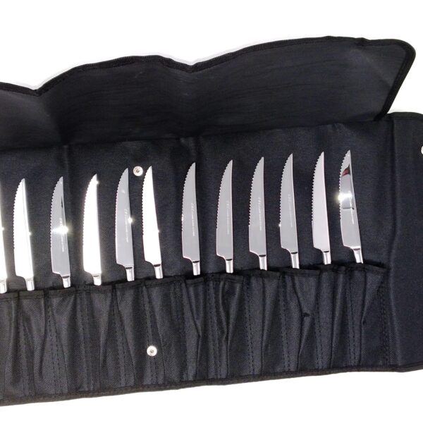 Set de  Cuchillos para carne Chuleteros (12 piezas)Trento Kobe de Acero Inoxidable Pulido con Hoja micro dentada , curvas afiladas con Funda de Transporte o regalo