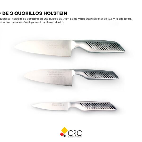 Alternative view of Juego de cuchillos de cocina en acero inoxidable (3 piezas) Holstein: 1 puntilla y 2 cuchillos chef con mangos ergonómicos, aptos para lavavajillas