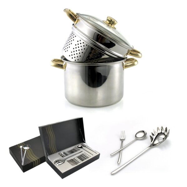 Conjunto Olla y Cubiertos (17 piezas) Colección Pasta Chef en Acero Inoxidable Ideal para Comida Vegetariana o Vegana, Inducción NO