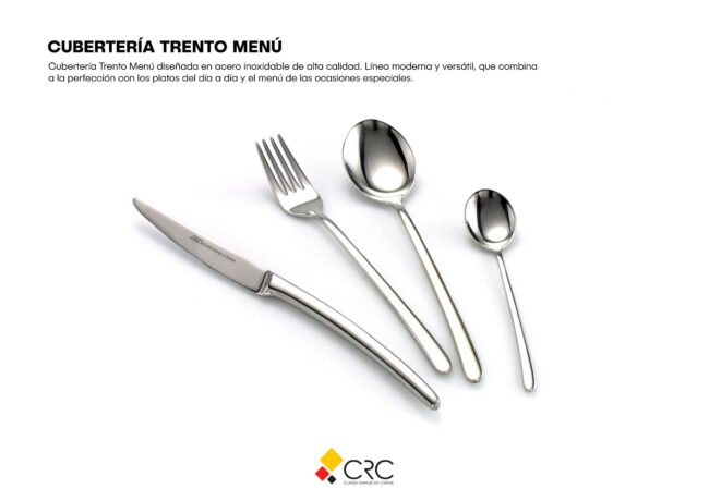 Imagen de cuberteria sobre fondo blanco, chuchillo, tenedor, cucharagrande y pequeña. Pertenece al juego de cuberteria trento de 24 piezas de acero inoxidable.
