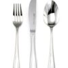 Juego de Cubiertos Postre (18 piezas) 6 Cucharas, 6 Tenedores y 6 Cuchillos Amsterdam 1235 Acero Inoxidable Pulido Espejo 2 cuberteria de acero inoxidable sobre fondo blanco, cuchara, tenedor y cuchillo, separados paralelamente uno de otro