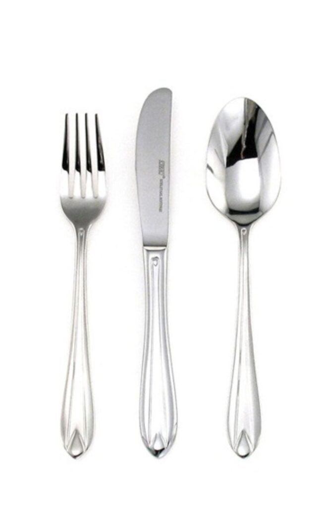 Juego de Cubiertos Postre (18 piezas) 6 Cucharas, 6 Tenedores y 6 Cuchillos Amsterdam 1235 Acero Inoxidable Pulido Espejo 1 cuberteria de acero inoxidable sobre fondo blanco, cuchara, tenedor y cuchillo, separados paralelamente uno de otro