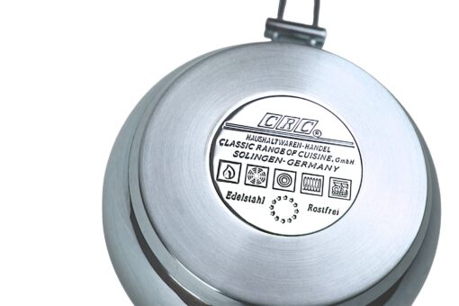 base del cazo de acero inoxidable napoles de 16 cm marca crc con simbologia que muestra que es compatible con cualquier fuente de calor
