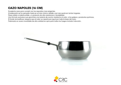 cazo de acero inoxidable de 16 cm sobre fondo blance, con mensaje sobre su utilidad y beneficios