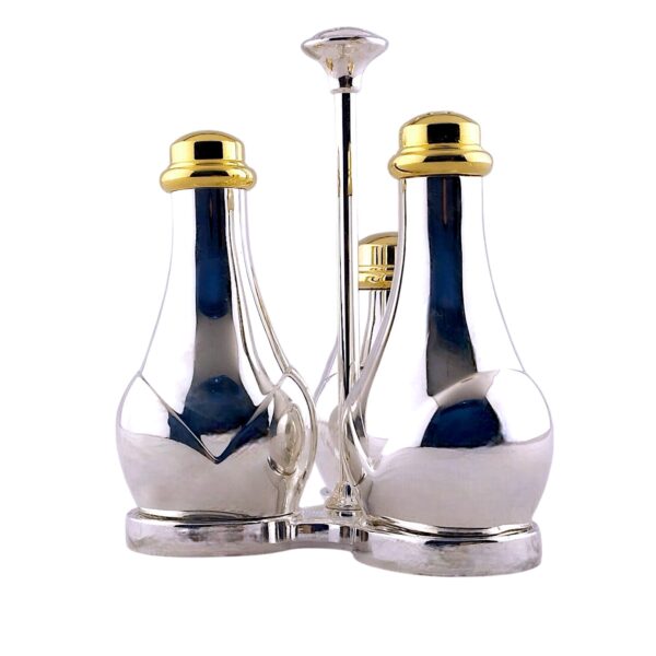 Juego de Salero, Pimentero y Salsera Royal en Baño de Plata con Detalles Dorados (4 Piezas) Set Elegante para Mesa y Cocina de Lujo