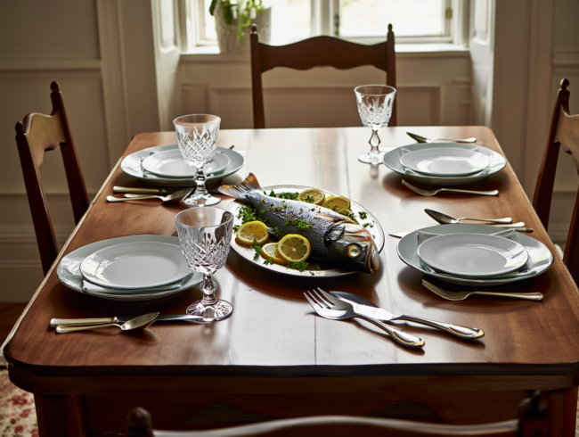 Mesa con pescado asado y piezas de servir de glamour 700 deco.