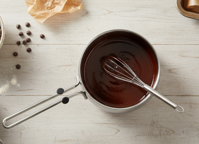 cazo con chocolate derretido y batidor