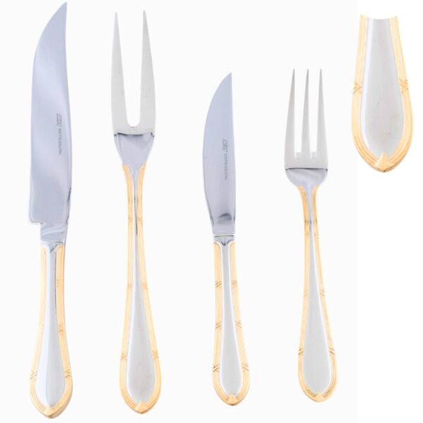 Cruz Nuremberg Juego Chuletero 26 piezas, acero inoxidable con decorado en oro, set de cuchillos y tenedores para carne.