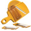 CRC Rallador Mandolina Circus, 3 cuchillas intercambiables de acero inoxidable con lámina escurridora y protector de mano, 28 x 14 cm, amarillo 6 rallador amarillo con ejemplos de distintas cuchillas intercambiables con fondo lanco