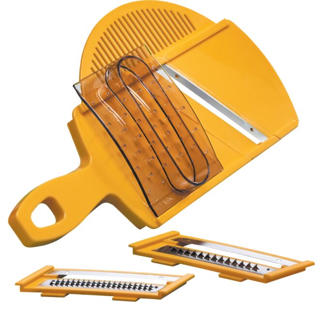 rallador amarillo con ejemplos de distintas cuchillas intercambiables con fondo lanco