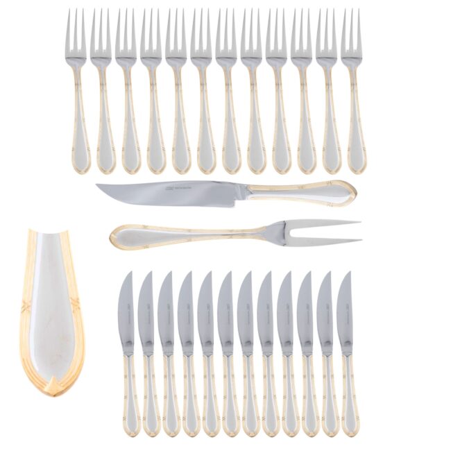 Cruz Nuremberg Juego Chuletero 26 piezas, acero inoxidable con decorado en oro, set de cuchillos y tenedores para carne.