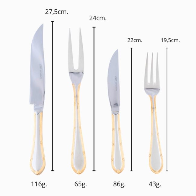 Cruz Nuremberg Juego Chuletero 26 piezas, acero inoxidable con decorado en oro, set de cuchillos y tenedores para carne.