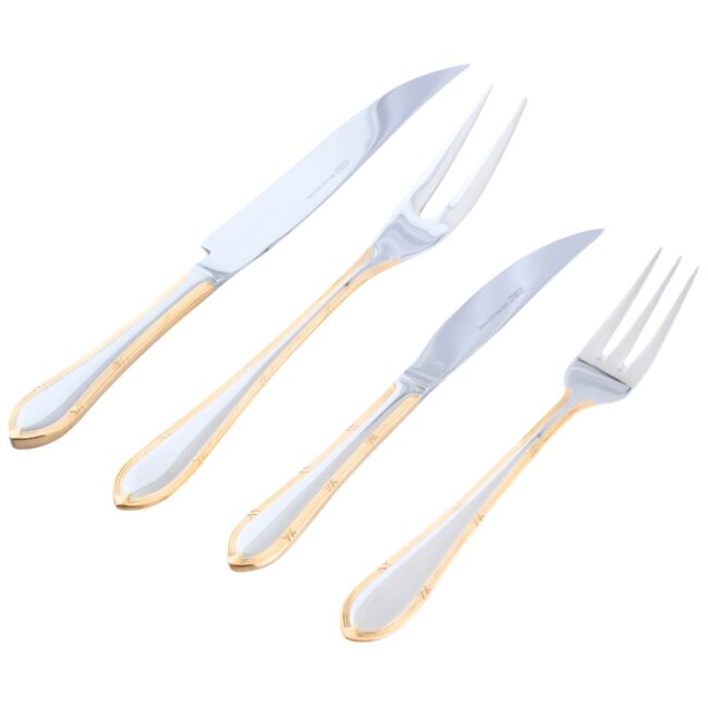 Cruz Nuremberg Juego Chuletero 26 piezas, acero inoxidable con decorado en oro, set de cuchillos y tenedores para carne.