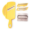 CRC Rallador Mandolina Circus, 3 cuchillas intercambiables de acero inoxidable con lámina escurridora y protector de mano, 28 x 14 cm, amarillo 2 rallador amarillo con ejemplos de distintas cuchillas intercambiables con fondo lanco