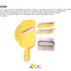 CRC Rallador Mandolina Circus, 3 cuchillas intercambiables de acero inoxidable con lámina escurridora y protector de mano, 28 x 14 cm, amarillo 9 rallador blanco sobre fondo blanco y una pequeña descripcion que habla de su utilidad