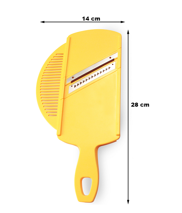 rallador amarillo de plastico sobre fondo blanco, tienen numeros y simbologia que ayudan a describir su tamaño 28x14 cm,