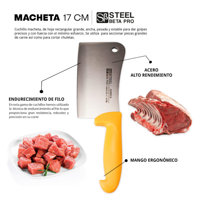Macheta profesional de acero inox, empuñadura amarilla, Stell Beta Pro.
