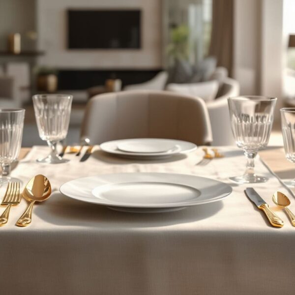 cuberteria de oro sobre mesa decorada, colores calidos y ambiente sereno
