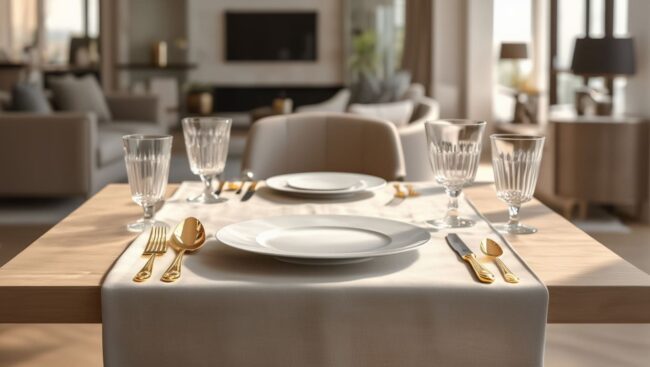 cuberteria de oro sobre mesa decorada, colores calidos y ambiente sereno