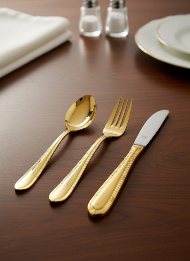 Cubertería con baño de oro total sobre una mesa de madera oscura.