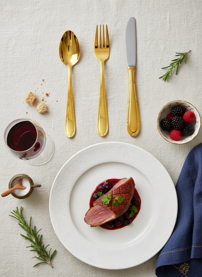 Cubertería con baño de oro total sobre una mesa con mantel blanco y un plato con un guiso de carne.