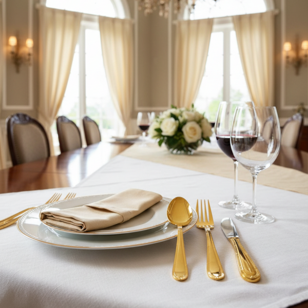 Cubertería con baño de oro total sobre una mesa de lujo con un mantel blanco y ventanales al fondo.
