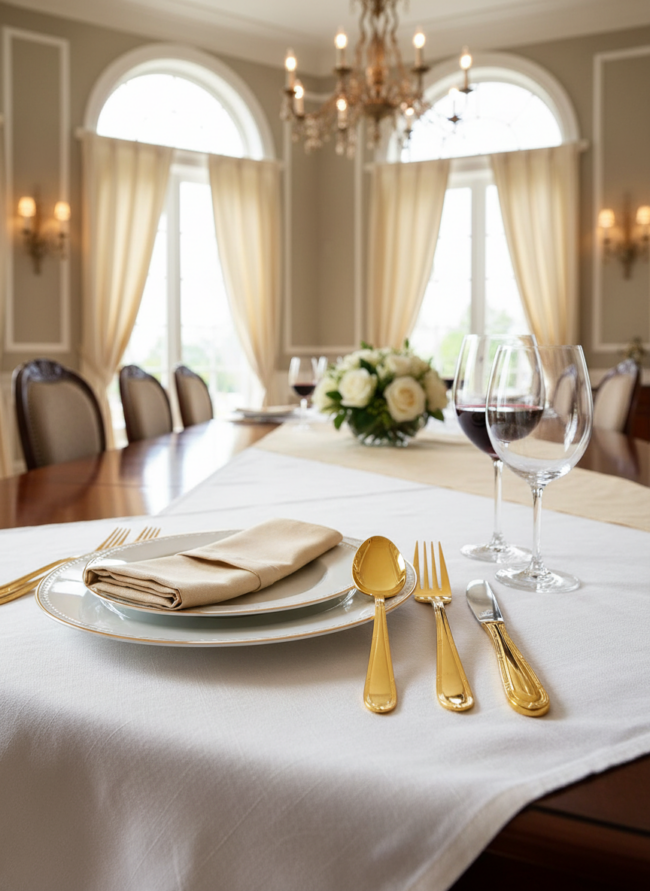 Cubertería con baño de oro total sobre una mesa de lujo con un mantel blanco y ventanales al fondo.