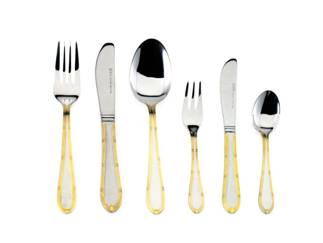 CRC Cruz de Nuremberg 1210 Cubertería 120 piezas, acero inoxidable con baño de oro, servicio completo con cubiertos de pescado y utensilios de servir 1 cruz nuremberg 1210 scaled