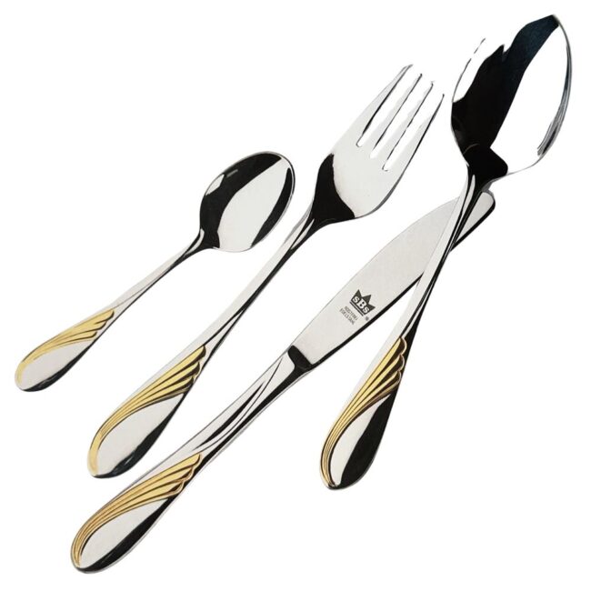 Cubertería CRC en acero inoxidable Nápoles 108 piezas decorado en oro, servicio completo con cubiertos de pescado y piezas de servir, apta para lavavajillas 1 napoles oro 108 piezas