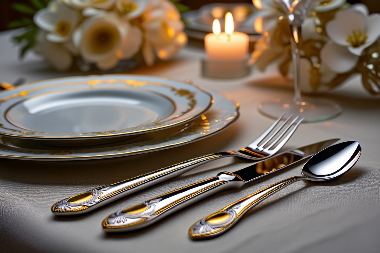cuberteria toscana con diseño de oro, sobre mesa elegante