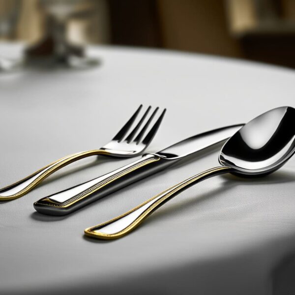 cuberteria venedig de oro sobre una mesa con un mantel blanco