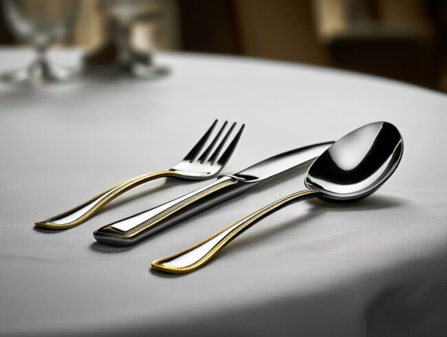 cuberteria venedig de oro sobre una mesa con un mantel blanco
