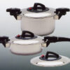CRC Komfort Olla Baja Presión 24 cm con Sartén 24 cm y Tapa 24 cm, Cierre Quick Lock, Válvula de Vapor y Ventana de Cristal, Acero Inoxidable 6 Bateria Komfort 1