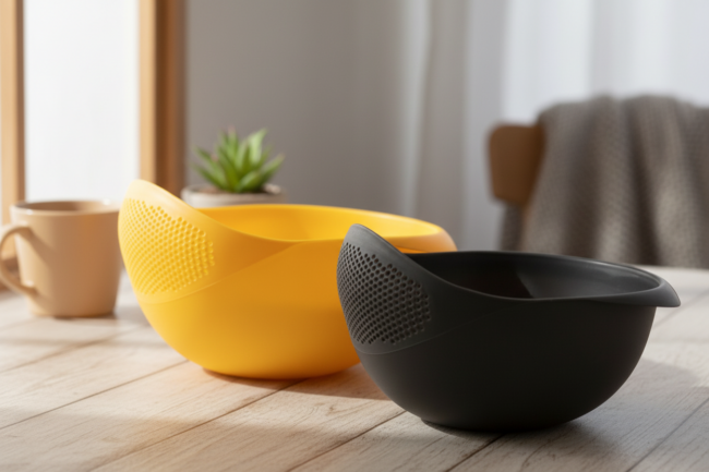 Dos boles plásticos de colores en mesa.