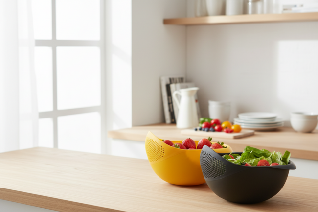 Boles de plástico en una mesa con fruta