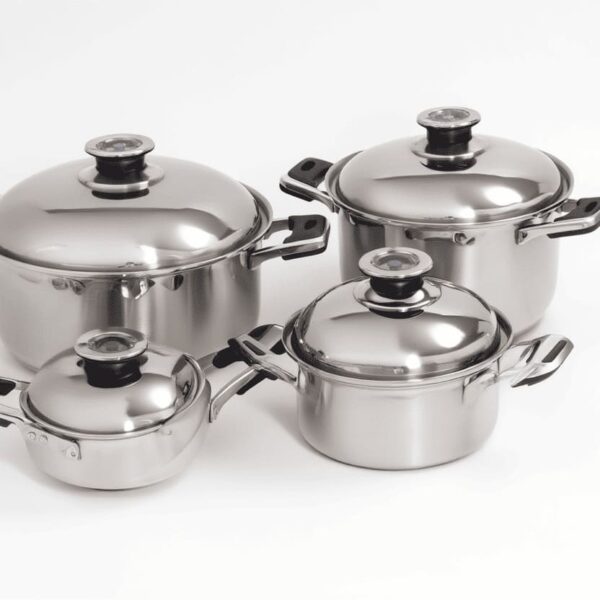 CRC California Batería de Cocina 8 Piezas, 4 Ollas y 4 Tapas con Termómetro, Acero Inoxidable, cuerpo Tricapa Difusor, Apta para Inducción