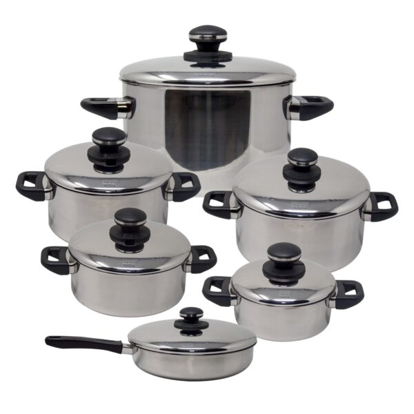 Alternative view of CRC Gourmet Plus Batería de Cocina (12 Piezas) Acero Inoxidable, Olla Alta con Tapa + 4 Cazuelas con Tapa + Sartén Alta 28 cm con Tapa, Asas y Pomos Negros