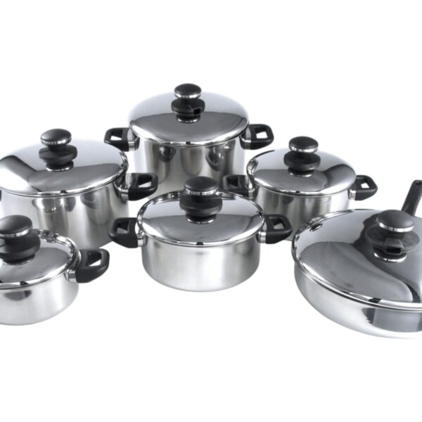 CRC Gourmet Plus Batería de Cocina (12 Piezas) Acero Inoxidable, Olla Alta con Tapa + 4 Cazuelas con Tapa + Sartén Alta 28 cm con Tapa, Asas y Pomos Negros