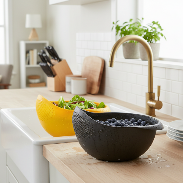 Boles de plástico en una encimera junto a un fregadero con fruta