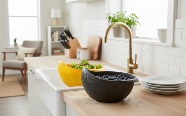 Boles de plástico en una encimera junto a un fregadero con fruta