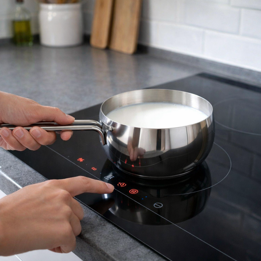Errores al comprar baterías de cocina (y cómo evitarlos) 2 cazo de la marca crc de acero, apunto de ponerse sobre la base de induccion para calentar leche