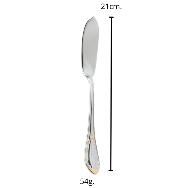 Pala o cuchillo de pescado de acero inoxidable decorado en oro de 23/24 k, marca CRC, modelo Glamour 7000, vendido por Franquihogar.