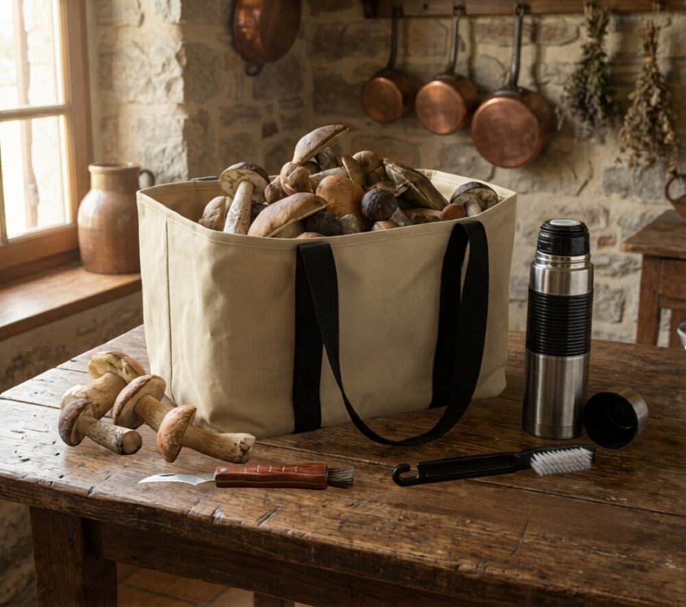Cesta con setas y utensilios