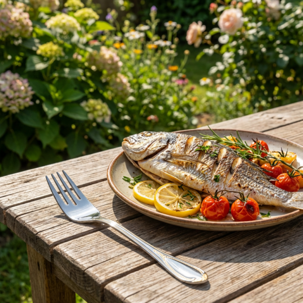 Mesa campestre con el tenor de pescado de CRC acero decorado en oro, modelo Glamour 7000.