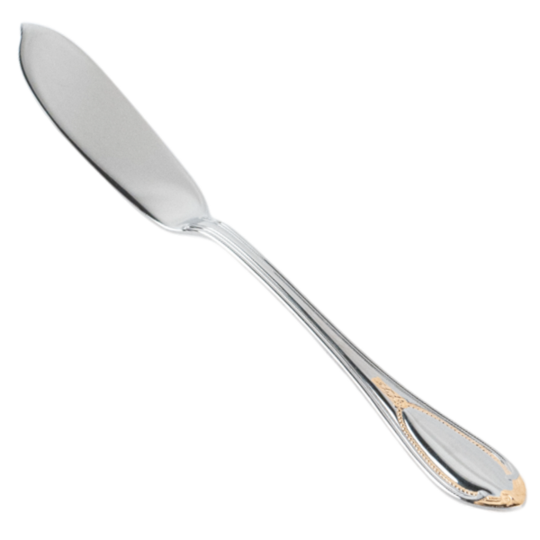 Pala o cuchillo de pescado de acero inoxidable decorado en oro de 23/24 k, marca CRC, modelo Glamour 7000, vendido por Franquihogar.